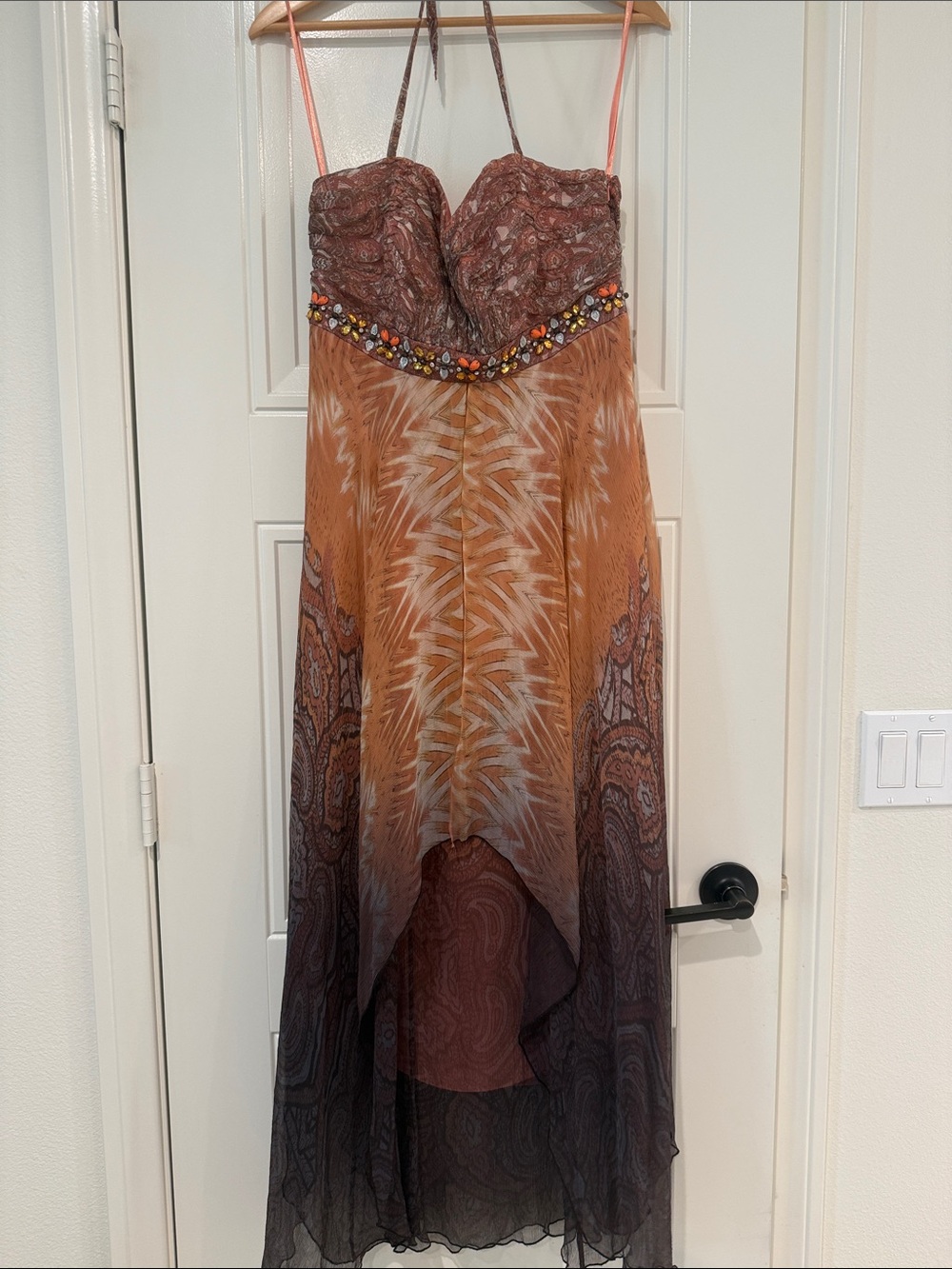 Monsoon Brown Ombre Halter High-Low Dress with Beaded Waist. 100% silk